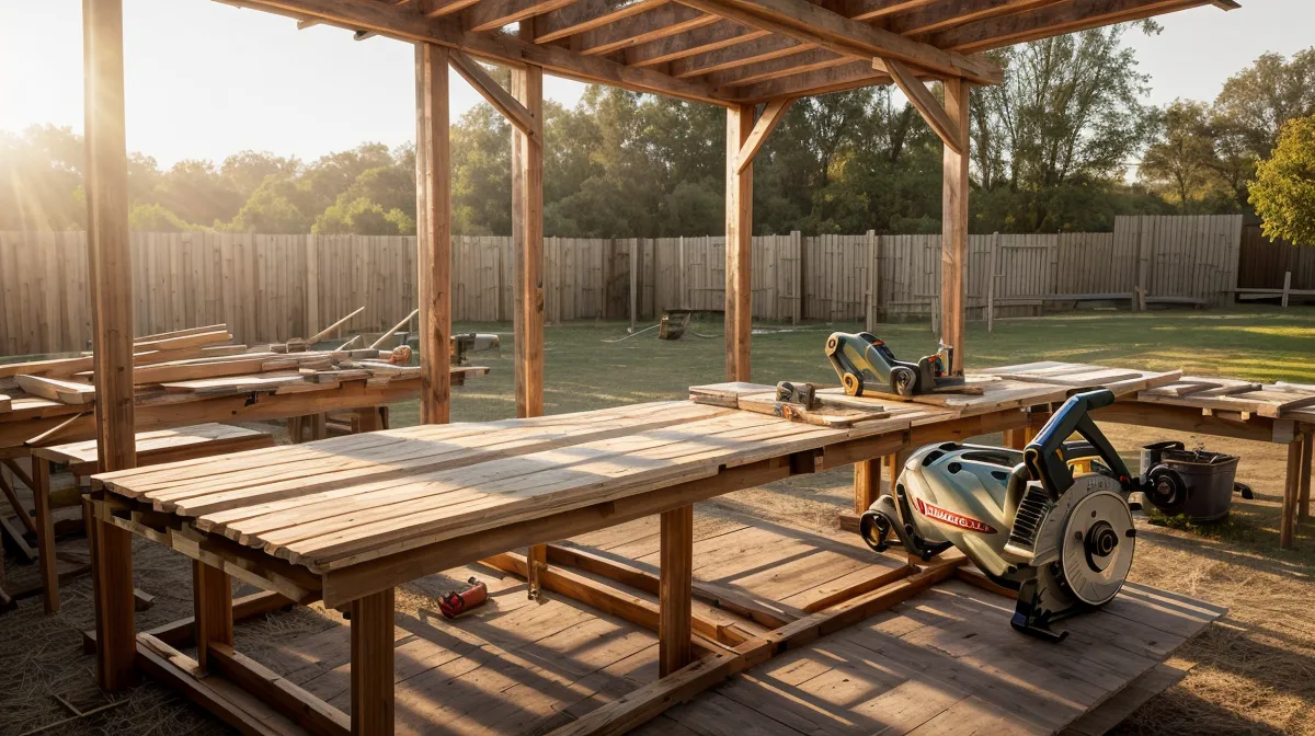 Essential power tools laid out for a DIY building and backyard projects budgeting guide
