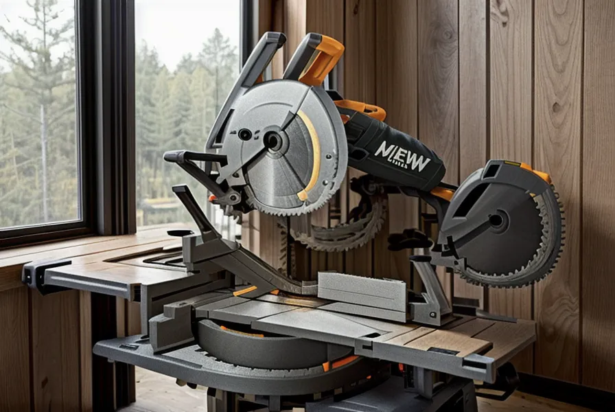 A 12-inch compound miter saw covered in sawdust during a DIY building backyard project