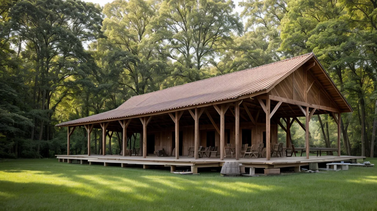 Backyard DIY structures including a shed, deck, and pergola built from woodworking plans on an NC homesteading property