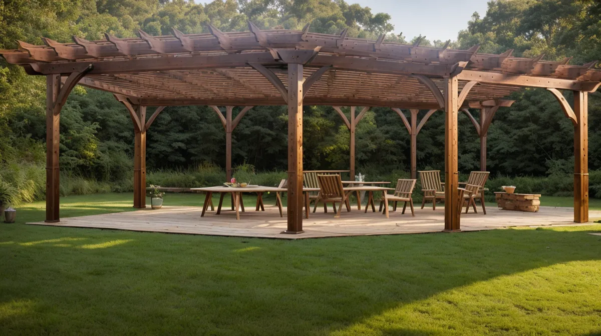 DIY pergola lighting glowing warm along cedar rafters at dusk on a rural North Carolina backyard