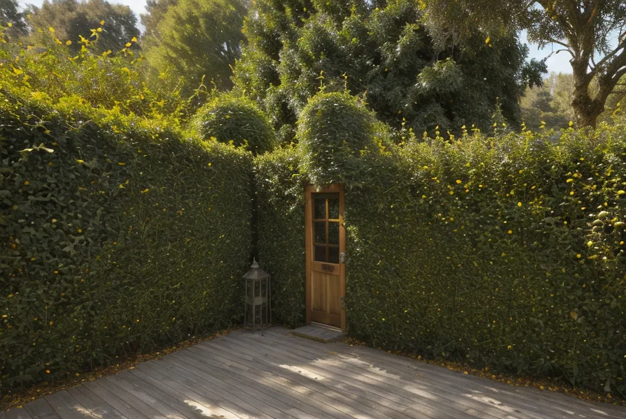 A layered privacy hedge featuring different species of evergreen shrubs.