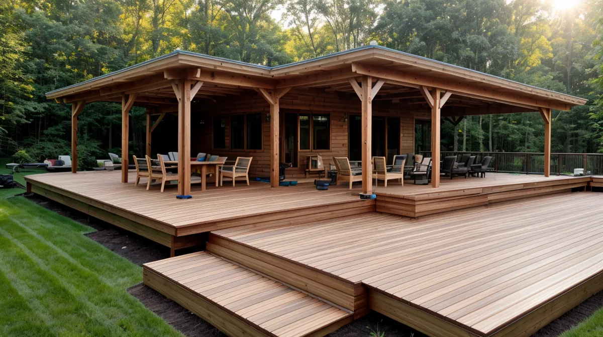 Freshly built pressure-treated wood deck before staining, part of a North Carolina deck-maintenance and wood-staining project