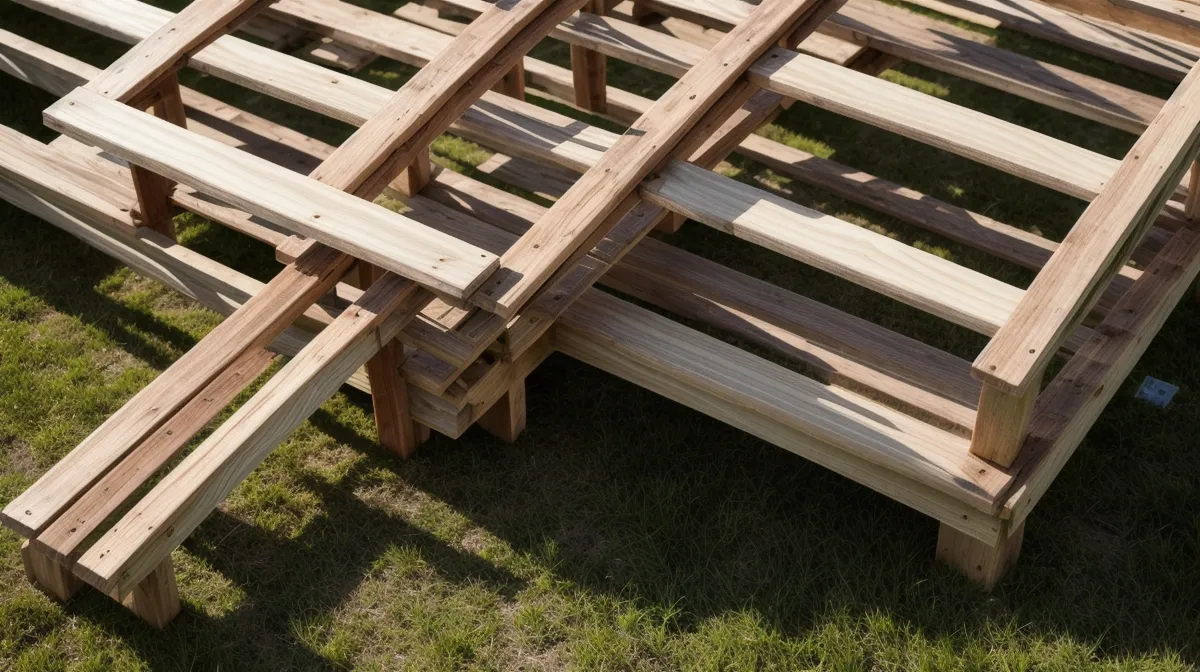 Weathered cedar and oak boards for outdoor furniture drying in humid North Carolina air