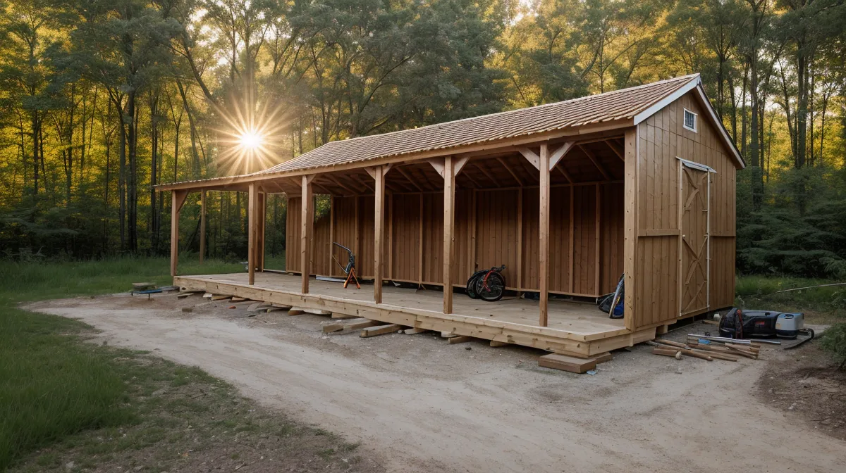 Finished DIY shed built from purchased woodworking plans, standing on concrete block footings in a backyard building project