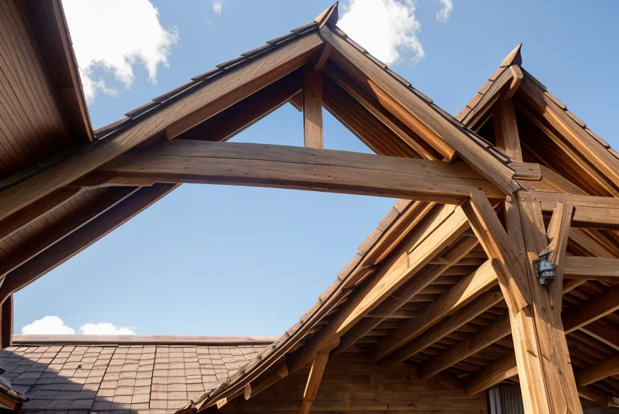 Roof rafters cut with a birds-mouth notch following DIY shed plans before sheathing