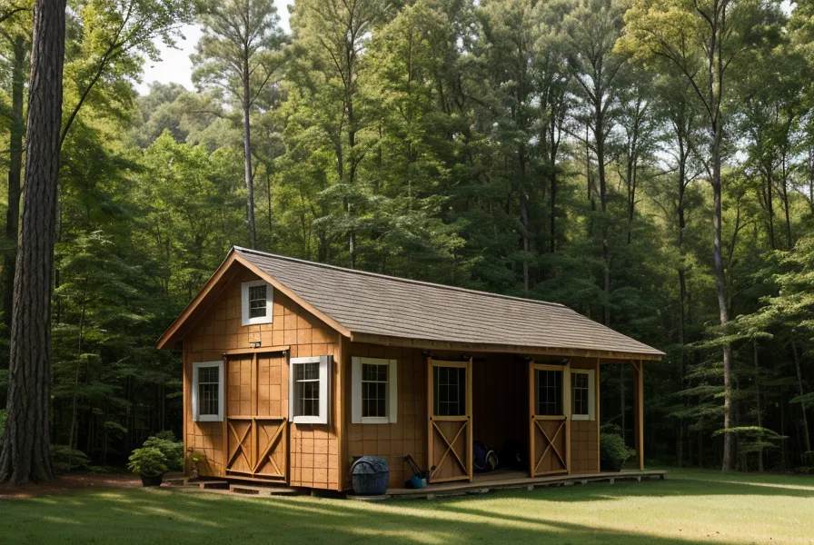 Completed DIY storage shed with T1-11 siding, built from purchased woodworking plans on a North Carolina lot