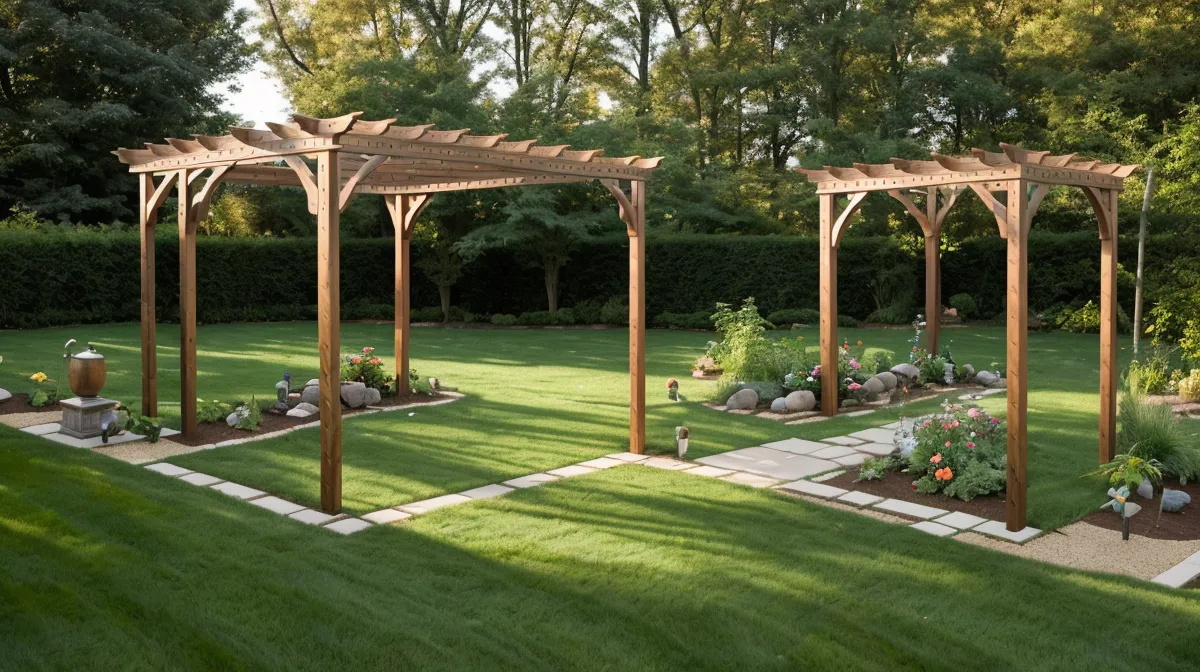 DIY garden arbor built for climbing roses in a North Carolina backyard, framed with pressure-treated posts