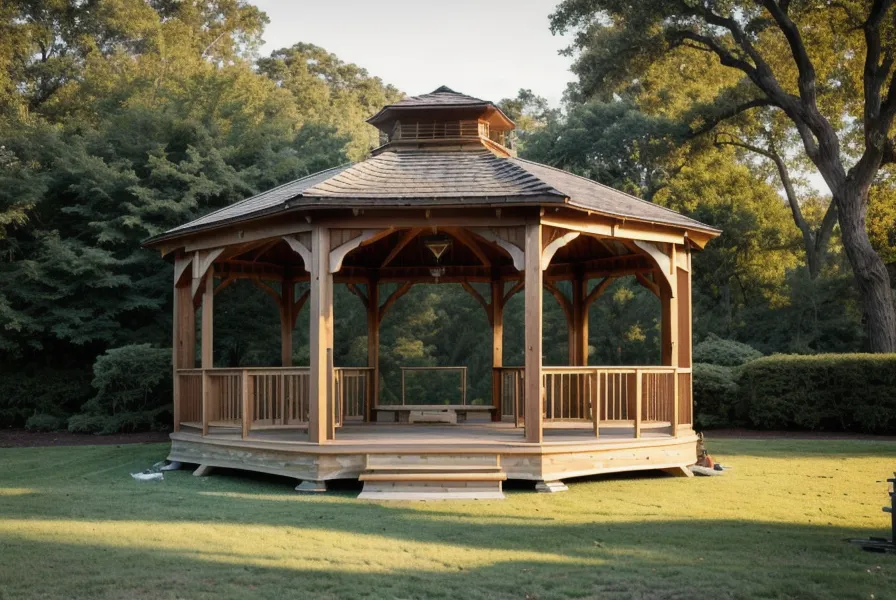 Ground anchor hardware set into red NC clay for an outdoor-building gazebo foundation
