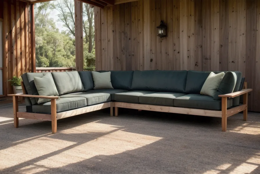 Finished DIY outdoor sectional sofa with cushions on a sunlit North Carolina deck