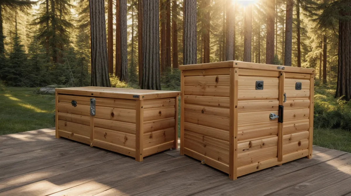 Finished cedar DIY outdoor storage box for patio cushions, a backyard project built from woodworking plans