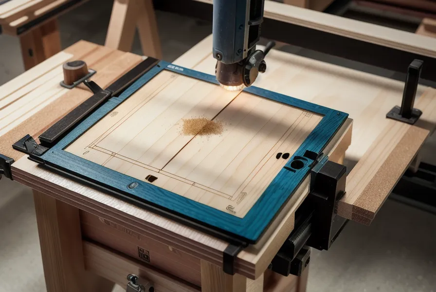 DIY outdoor storage box woodworking plans open on a tablet next to tools on a workbench