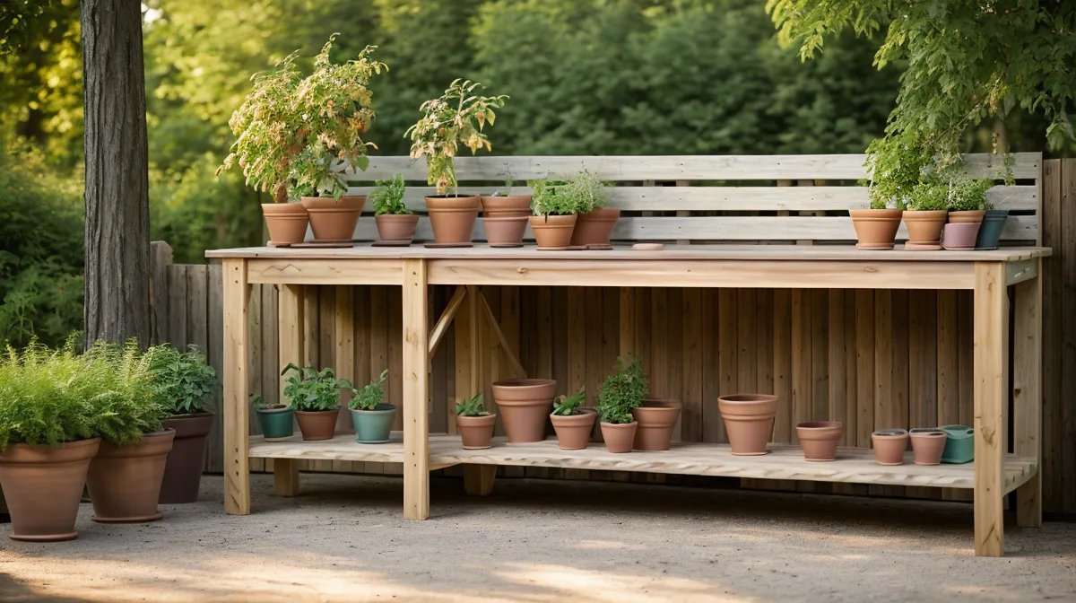 Backyard DIY potting bench with storage, built from real woodworking plans for better garden organization