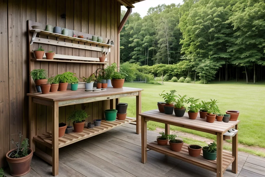 ACQ-rated screws and cedar joinery on a DIY potting bench built for garden organization