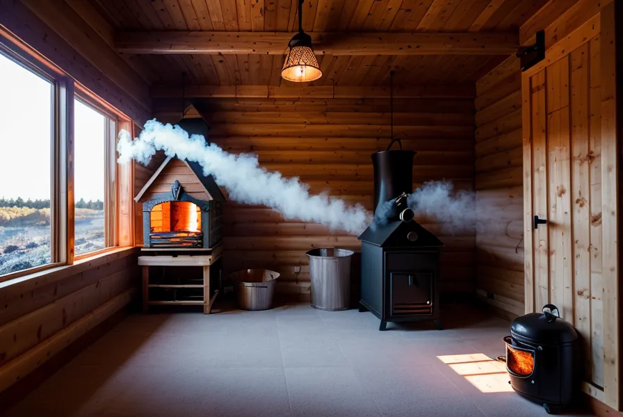Bacon hanging inside a finished DIY smokehouse, wood smoke curling through a backyard food preservation build