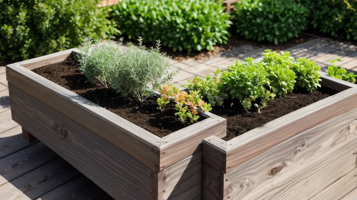 DIY wood planter box built from professional woodworking plans, cedar trim on heat-treated pine in a NC Piedmont backyard