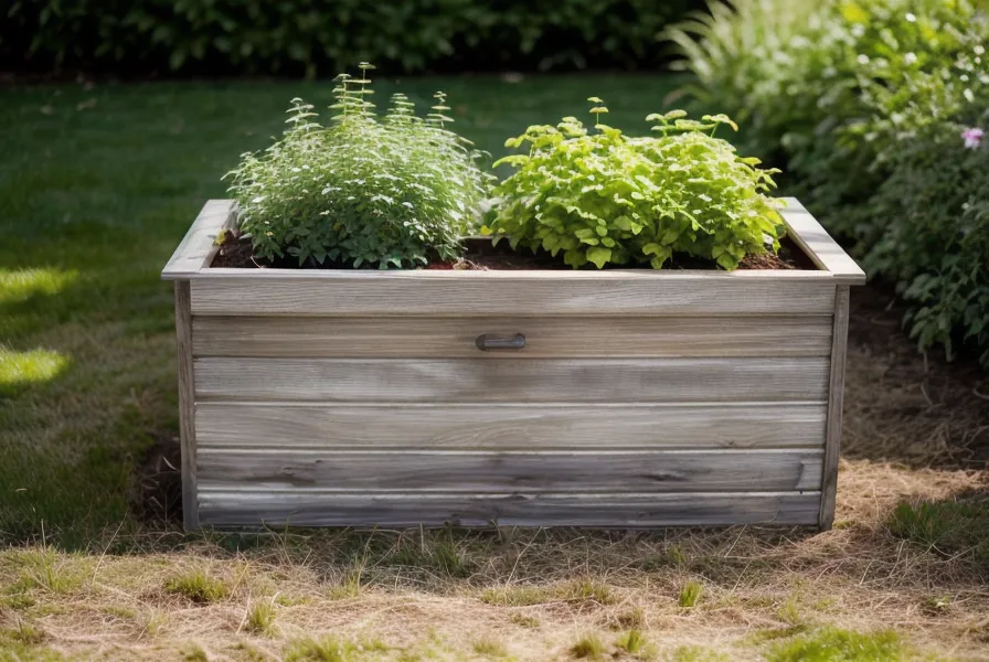 Finished DIY wood planter box overflowing with pepper and herb plants in a backyard garden