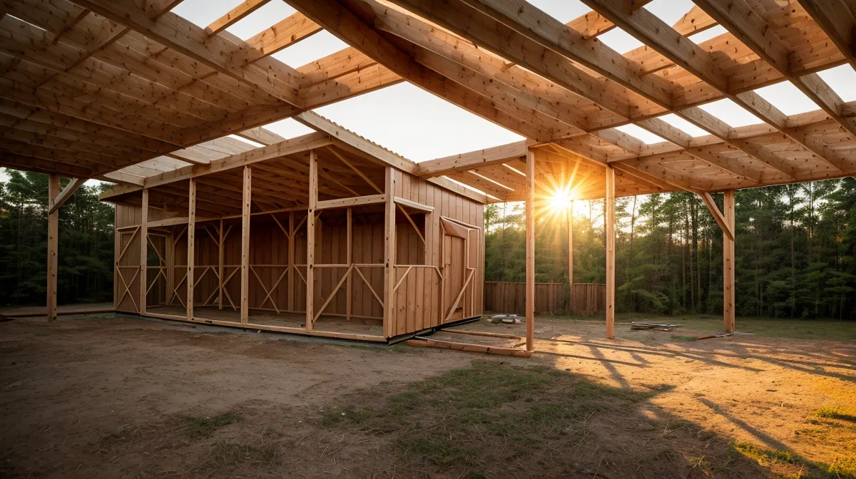 Backyard DIY shed framing taking shape on a rural North Carolina lot