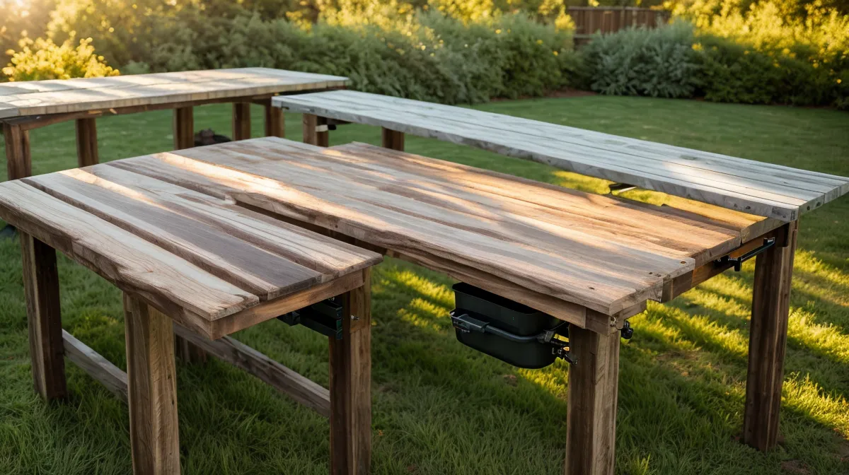 Heavy duty workbench built from professional wood plans with thick pine legs and a stable work surface