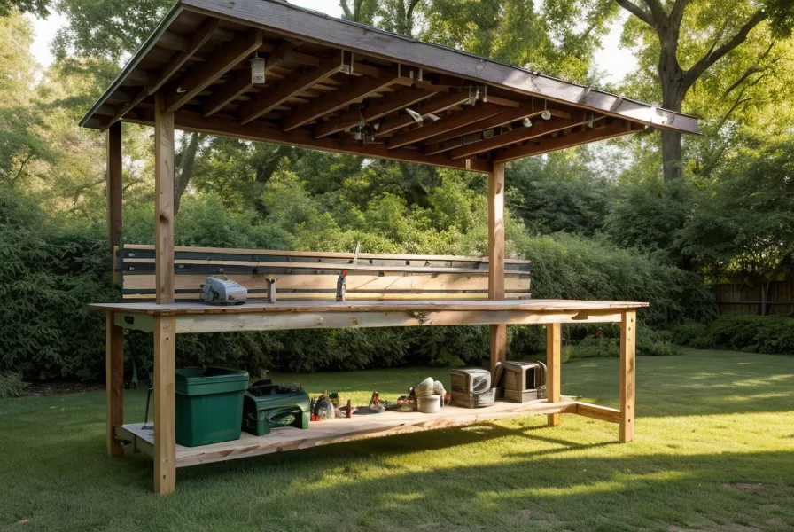 Sanding the top of a heavy duty workbench built from professional wood plans in a backyard DIY workshop
