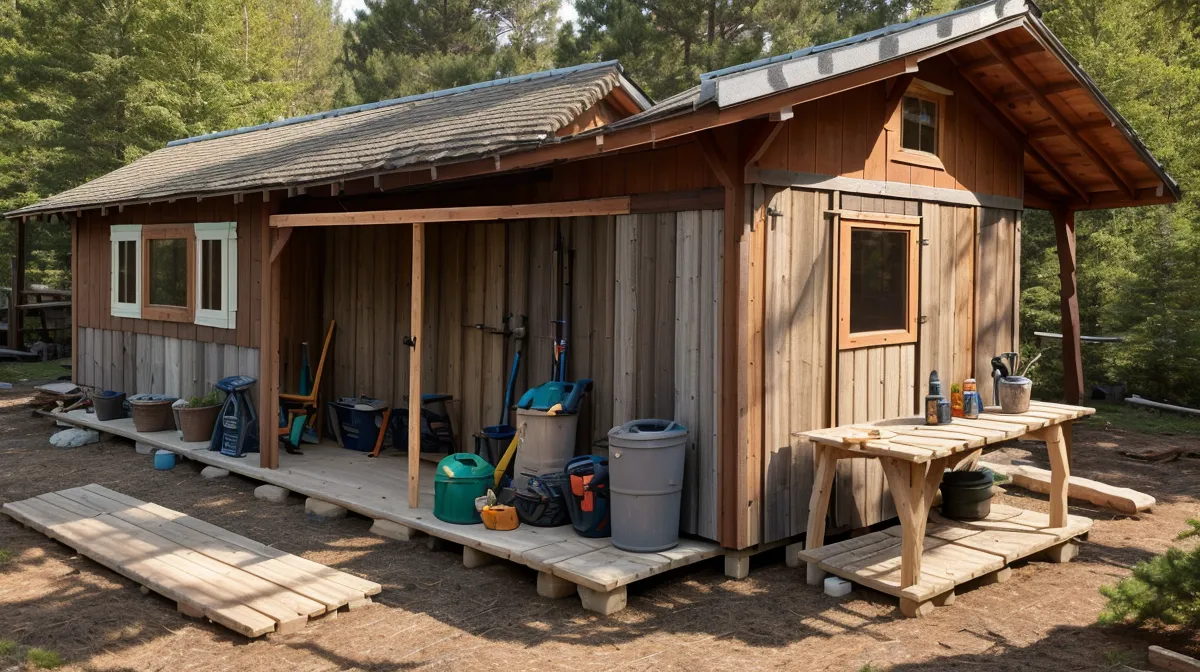 DIY lean-to shed for lawn mower storage built from backyard woodworking plans