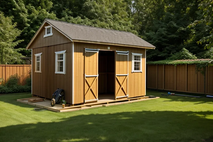 Finished lean-to shed for lawn mower storage with zero-turn mower parked inside