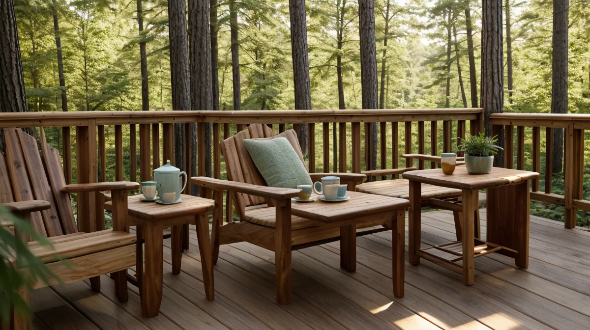 Beginner DIY outdoor side table finished in cedar and set on a North Carolina porch