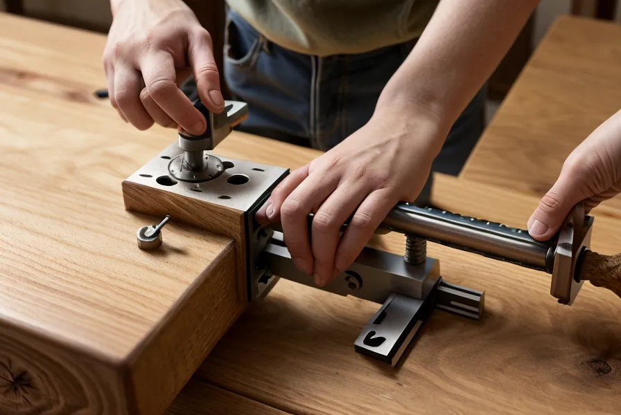Pocket-hole jig drilling a hidden screw joint into a cedar porch side table leg