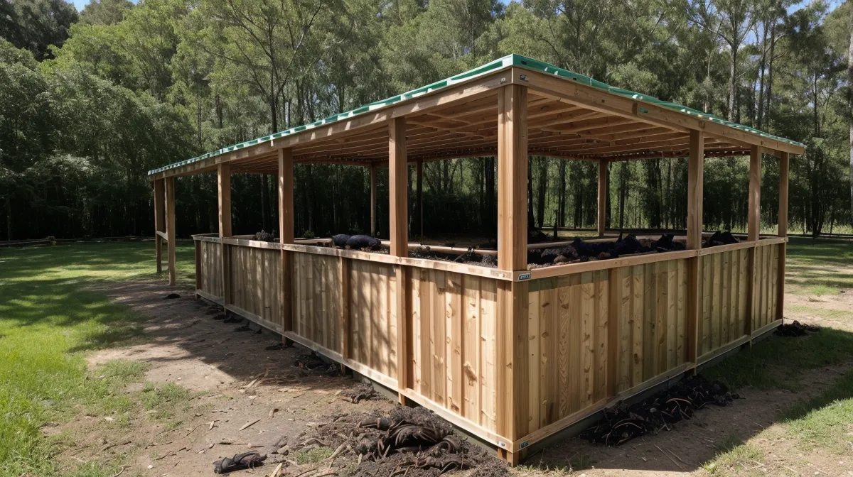 A large three-bin composting system built from cedar and pallets for a North Carolina backyard homestead