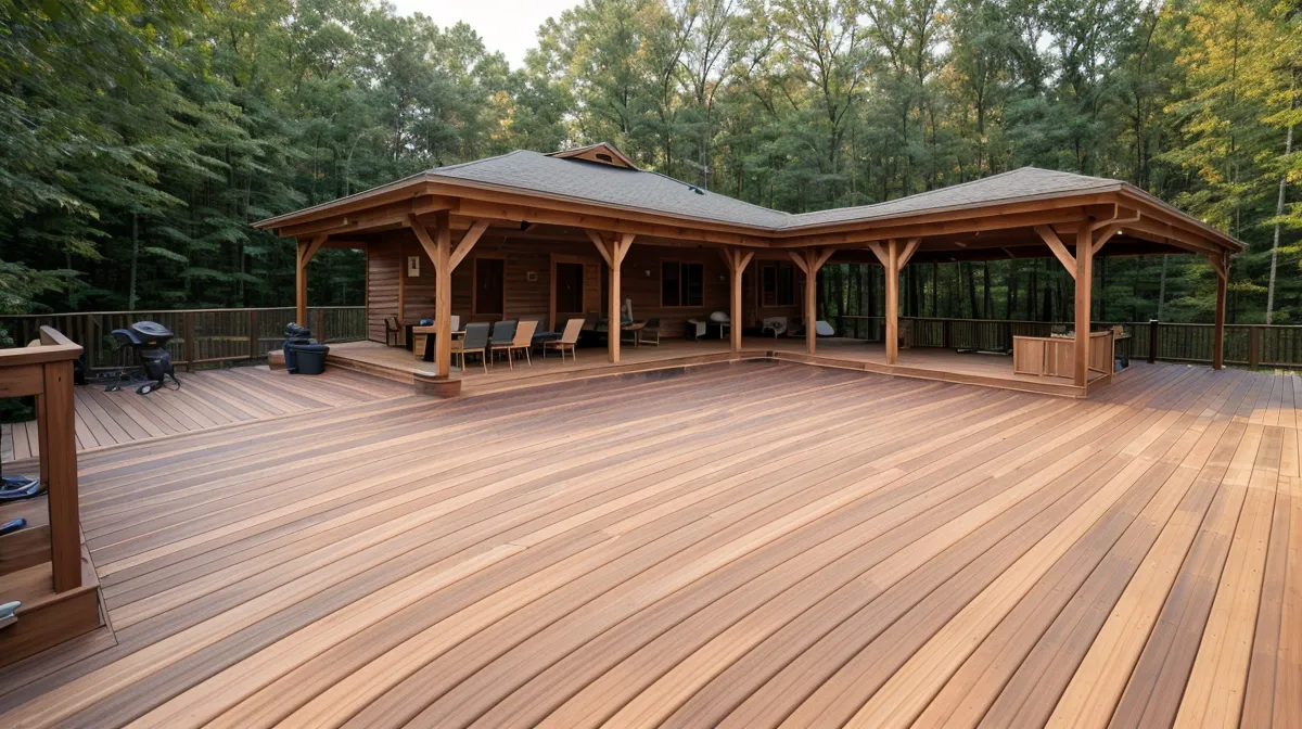 A finished wood deck railing on a backyard build, showing the guardrail height and baluster spacing that keep a DIY deck safe