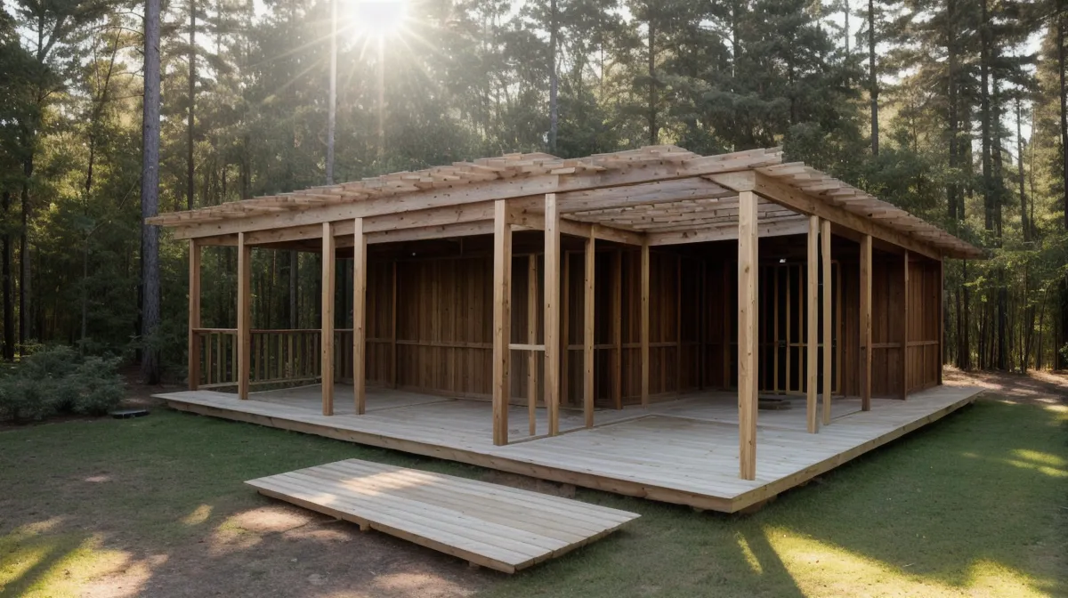 DIY outdoor shower build in a North Carolina backyard, cedar frame against red clay ground