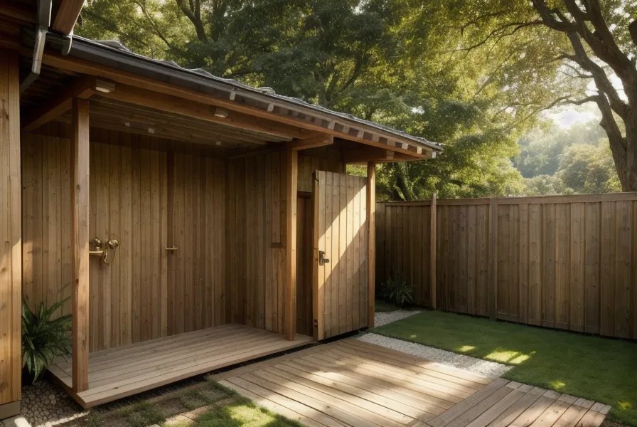 Cedar privacy slats and a tape measure laid out for a DIY outdoor shower frame