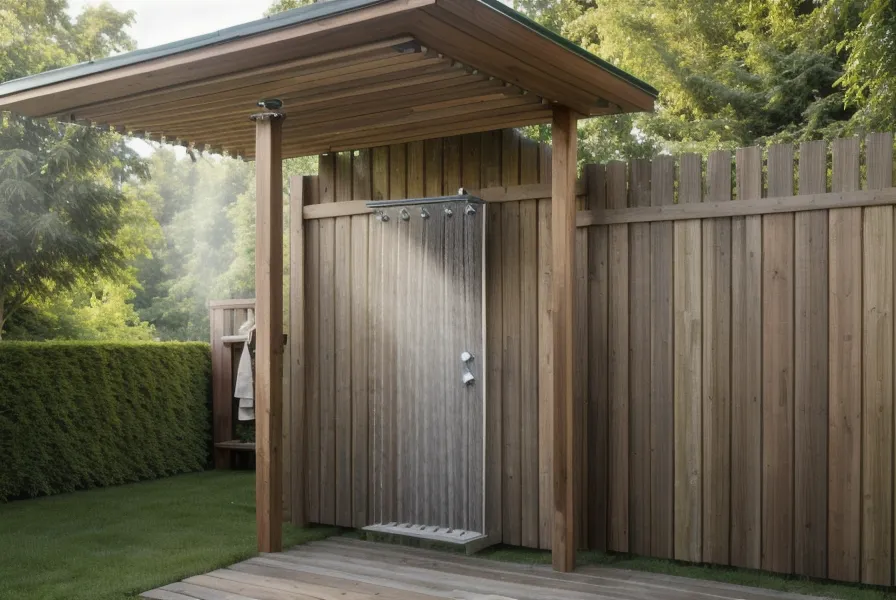 Black gravity-fed water drum mounted on a DIY outdoor shower for self-sufficient living