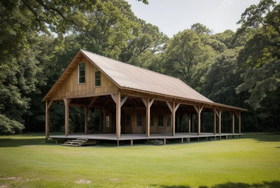 Finished cedar outdoor shower on a North Carolina homestead lot at sunset