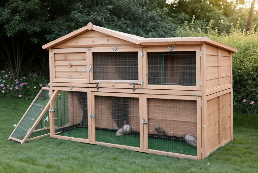 Half-inch hardware cloth stapled tight along a cedar rabbit hutch frame to keep raccoons out