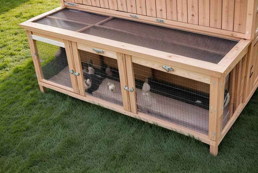 Finished DIY rabbit hutch leveled on concrete pavers after fighting a sloped Piedmont backyard