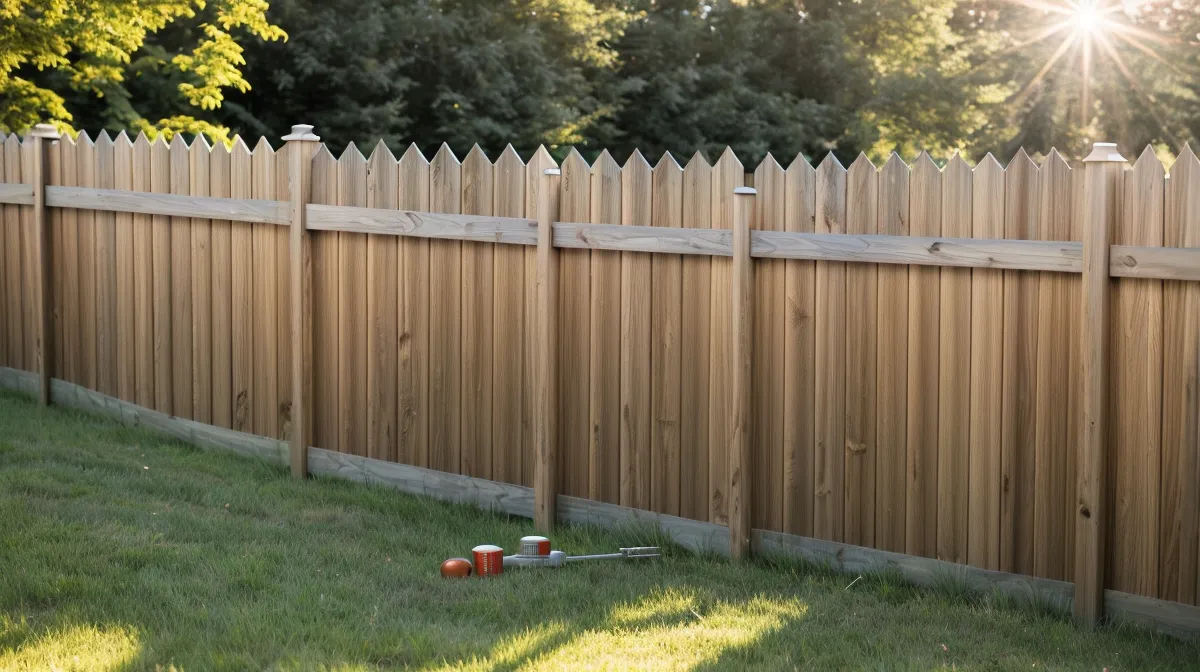 DIY wood picket fence enclosing a half-acre backyard lot in rural North Carolina