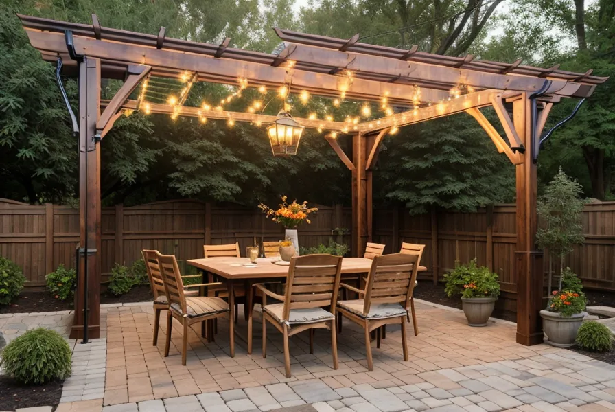 Finished DIY pergola with string lights, part of a budget backyard build on a half-acre North Carolina homestead