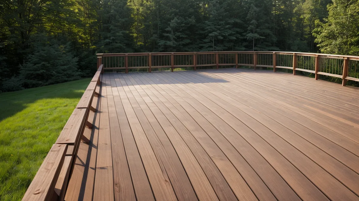 DIY deck stairs stair stringer layout on a backyard renovation platform deck, stringers cut and ready to install