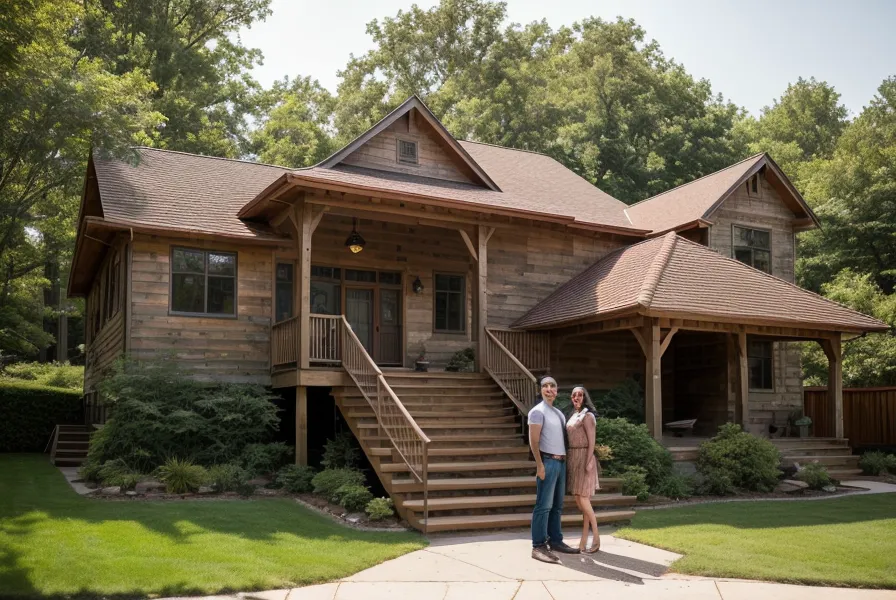 Couple examining a miscut stair stringer during a DIY deck stairs backyard woodworking project