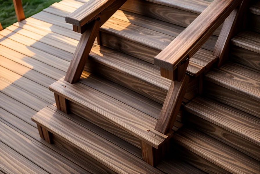 Finished DIY deck stairs from a backyard renovation with a coffee mug resting on a tread