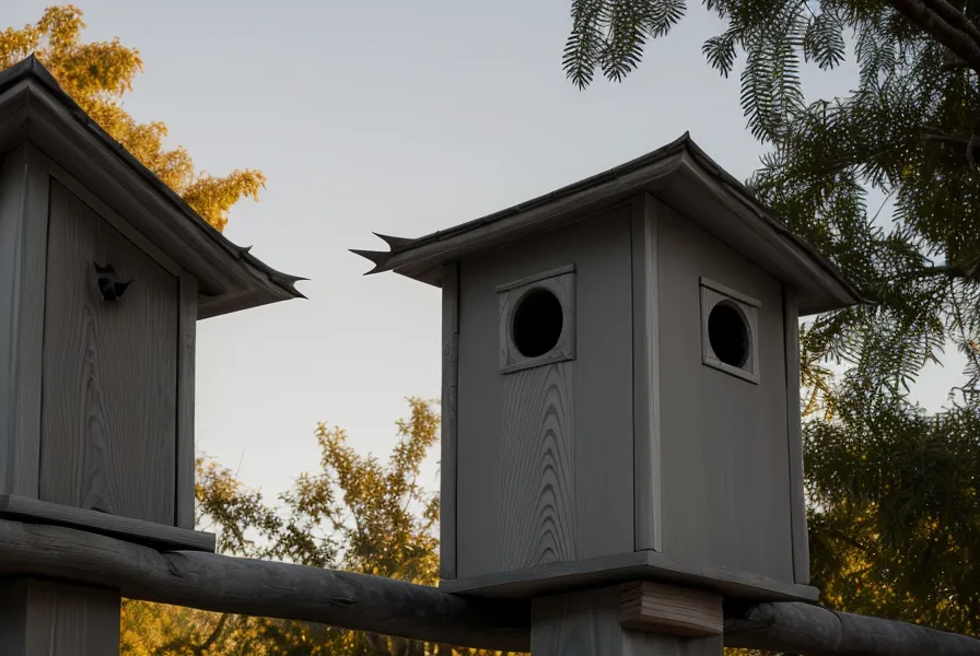 Gray-painted bat house mounted high on a post as a backyard-diy pest control project