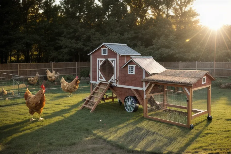 Pneumatic wheel mounted on a mobile chicken tractor for easy backyard rotation