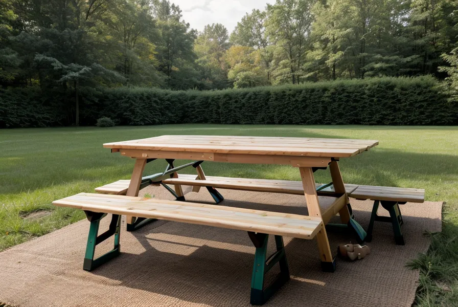 Couple assembling the A-frame legs of a DIY outdoor picnic table in the backyard