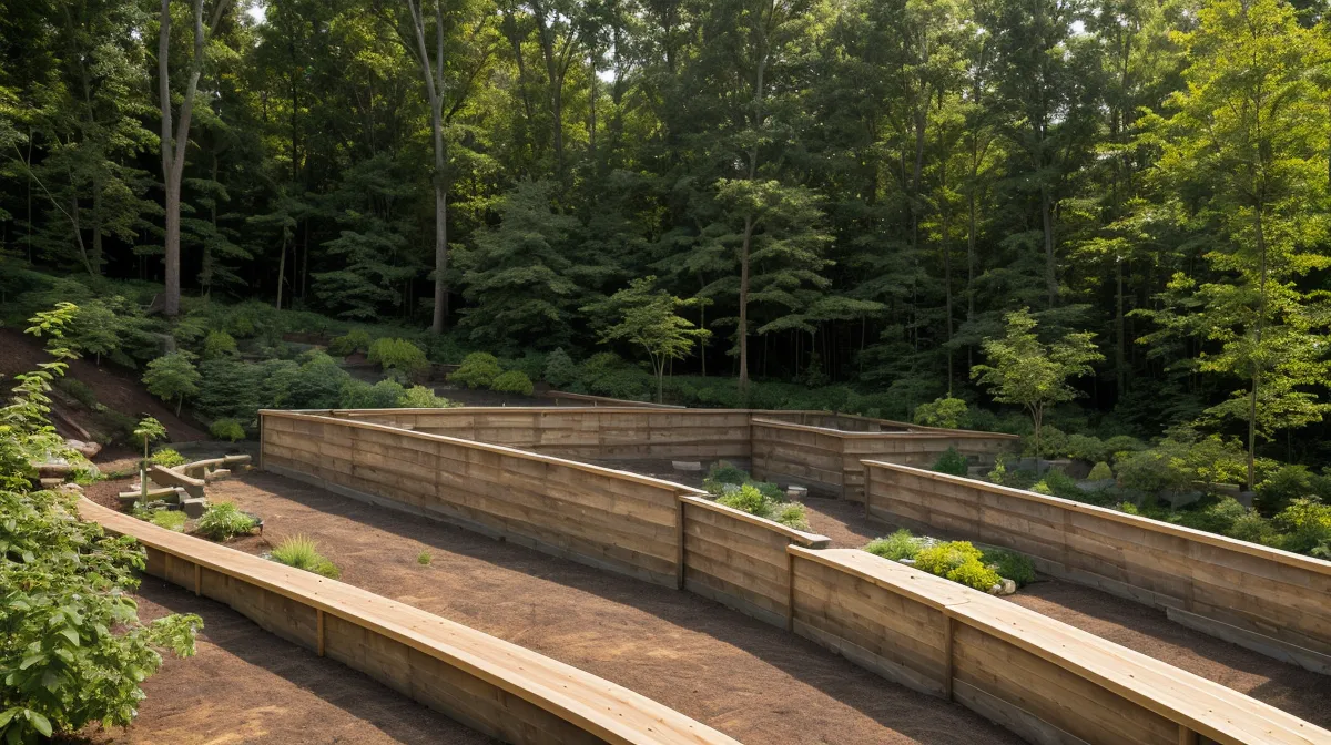 Stack of pressure-treated landscape timbers staged for a DIY retaining wall build in a North Carolina backyard