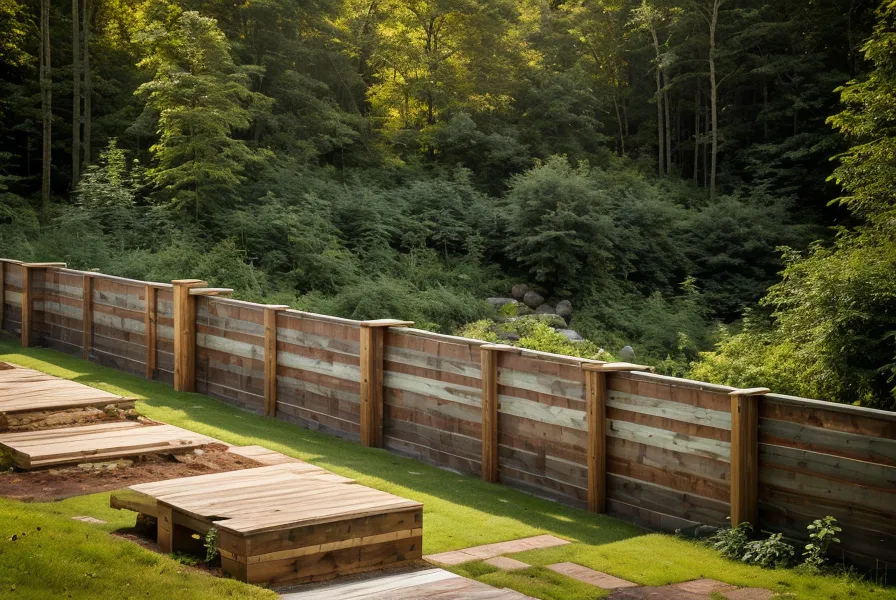 Landscape timber leveled inside a gravel-lined trench cut into red clay for a retaining wall