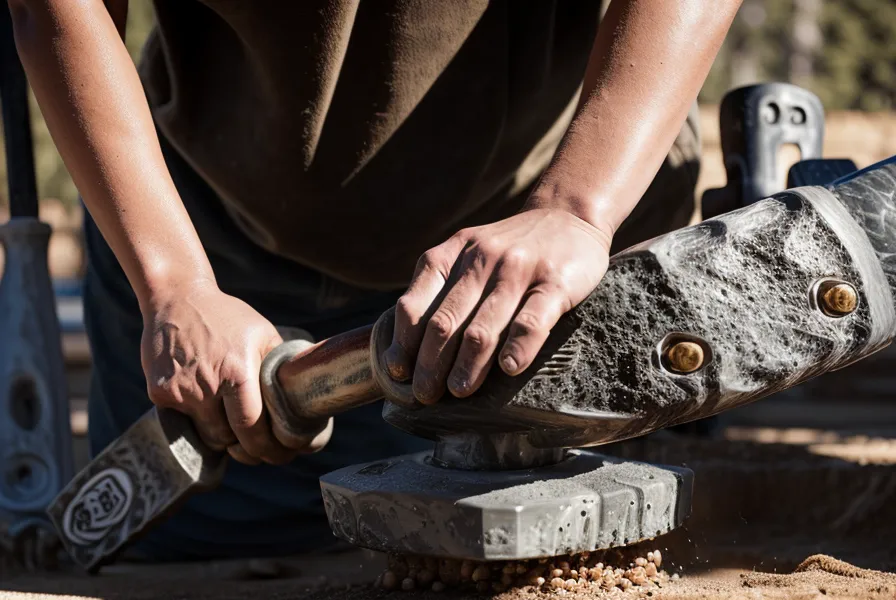 Sledgehammer driving a 24-inch rebar stake through a landscape timber during a backyard retaining wall build