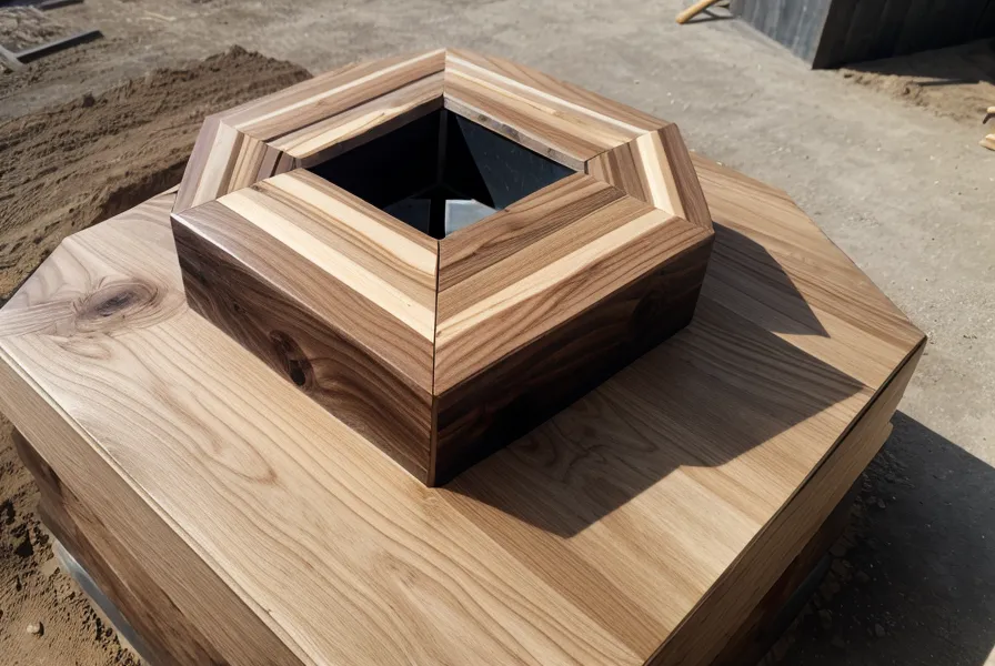 Octagonal wishing well base built with pressure-treated lumber around a utility riser, an outdoor woodworking project on gravel
