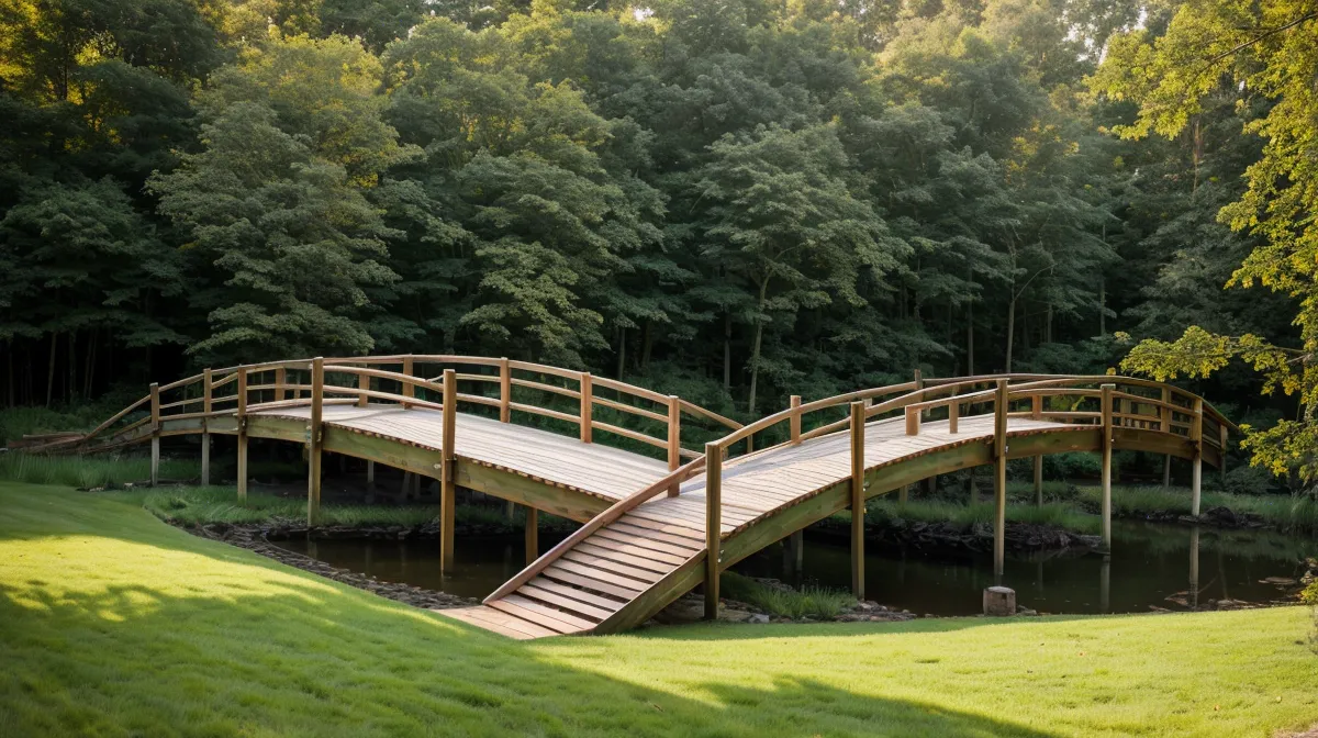Finished garden bridge spanning a dry creek bed as a backyard DIY landscaping structure