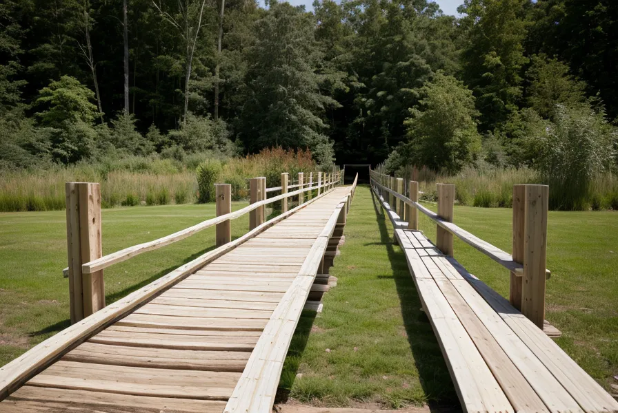 Stacked pressure-treated lumber and a tape measure for a backyard DIY garden bridge build