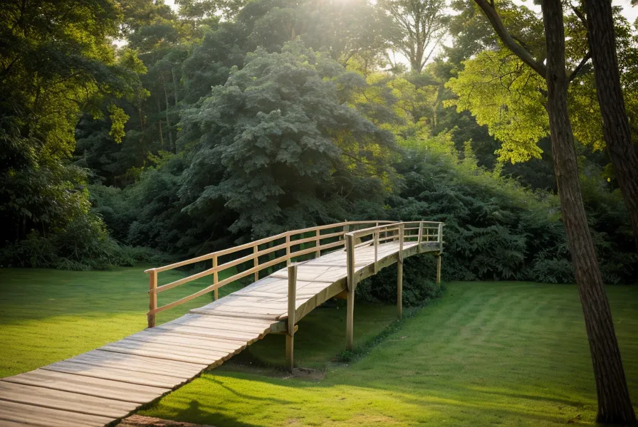 Arched wooden stringers framed for an outdoor woodworking garden bridge under construction